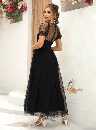 Tulle Puff Sleeve Long Party Dress