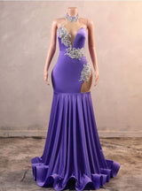 Purple Mermaid Halter Crystal Prom Dress