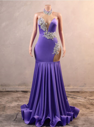 Purple Mermaid Halter Crystal Prom Dress