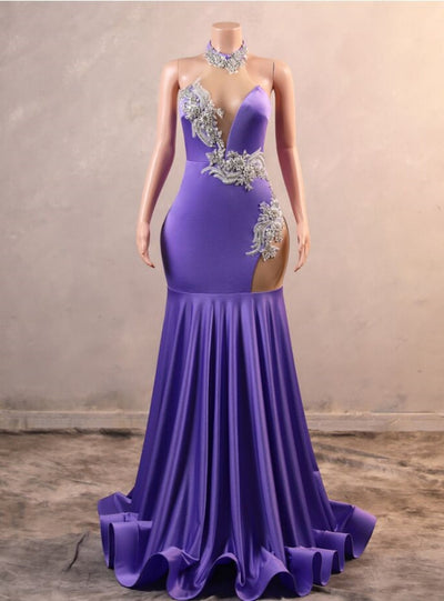 Purple Mermaid Halter Crystal Prom Dress