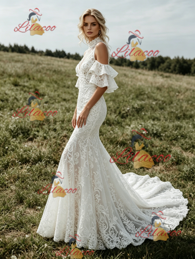 White Mermaid Lace High Neck Wedding Dress