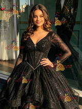 Black V-neck Sequins Long Sleeve Quinceanera Dress