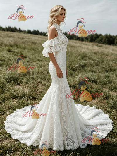 White Mermaid Lace High Neck Wedding Dress