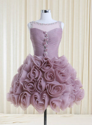 Purple Tulle Flower Pleats Homecoming Dress