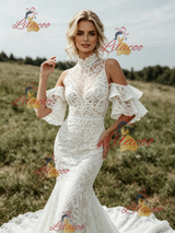 White Mermaid Lace High Neck Wedding Dress