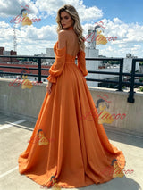 Orange Halter Long Sleeve Pleats Prom Dress