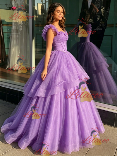Purple Tulle Straps Quinceanera Dress