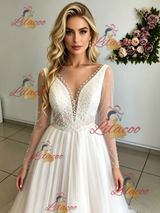 Long Sleeve V-neck Pleats Beading Wedding Dres