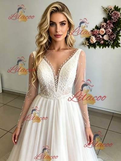 Long Sleeve V-neck Pleats Beading Wedding Dres