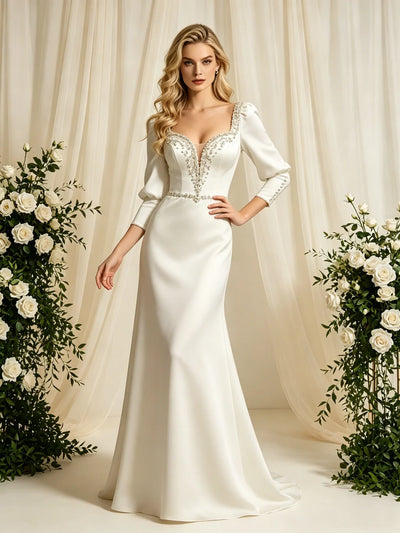 Beige Satin Long Sleeve Beading Wedding Dress