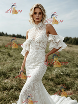 White Mermaid Lace High Neck Wedding Dress