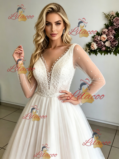 Long Sleeve V-neck Pleats Beading Wedding Dres
