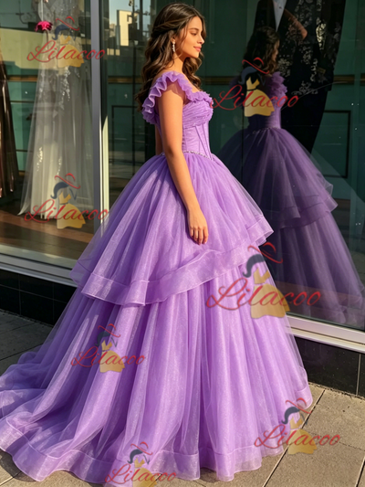 Purple Tulle Straps Quinceanera Dress