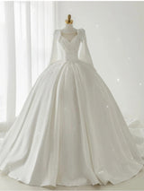 White Ball Gown Satin Pleats Pearls Wedding Dress