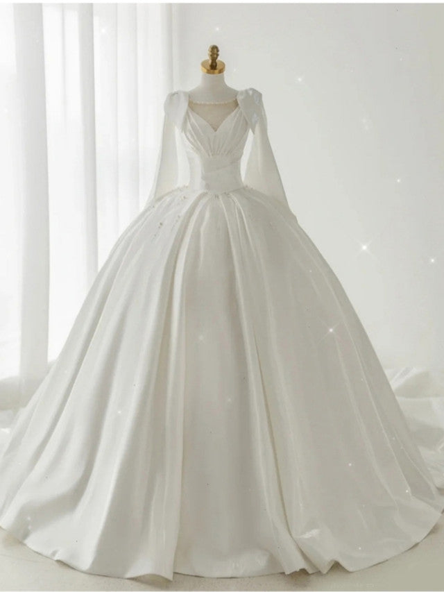 White Ball Gown Satin Pleats Pearls Wedding Dress