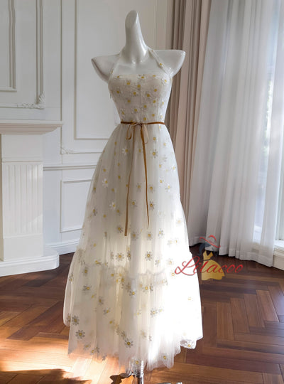White Tulle Halter Embroidered Dress