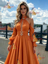 Orange Halter Long Sleeve Pleats Prom Dress
