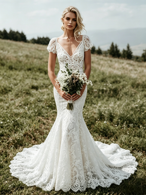White Mermaid Lace V-neck Wedding Dress