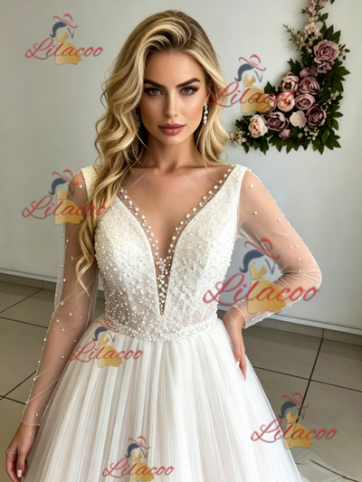 Long Sleeve V-neck Pleats Beading Wedding Dres