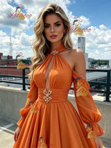 Orange Halter Long Sleeve Pleats Prom Dress