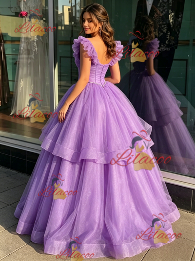 Purple Tulle Straps Quinceanera Dress