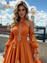 Orange Halter Long Sleeve Pleats Prom Dress
