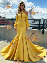Yellow Mermaid Halter Long Sleeve Prom Dress