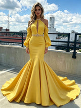 Yellow Mermaid Halter Long Sleeve Prom Dress