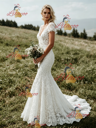 White Mermaid Lace V-neck Wedding Dress