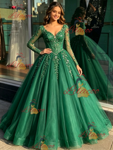 Green Tulle V-neck Long Sleeve Quinceanera Dress