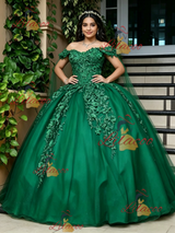 Green Tulle Off the Shoulder Appliques Quinceanera Dress