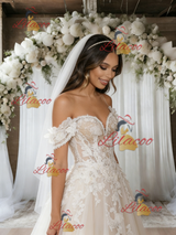 Beige White Lace Off the Shoulder Appliques Wedding Dress