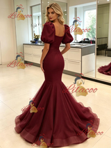 Burgundy Mermaid Tulle Puff Sleeve Prom Dress