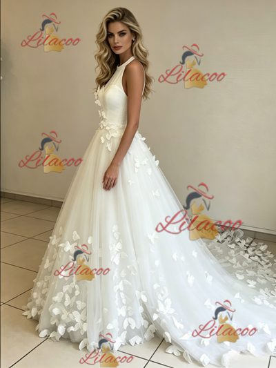 White Tulle Halter Butterfly Wedding Dress