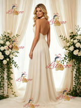 Ivory Chiffon Pleats Backless Pleats Wedding Dress