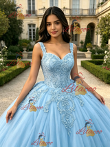 Blue Tulle Straps Appliques Quinceanera Dress