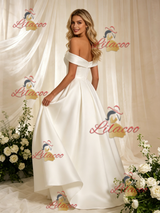 Beige White Satin Off the Shoulder Wedding Dress