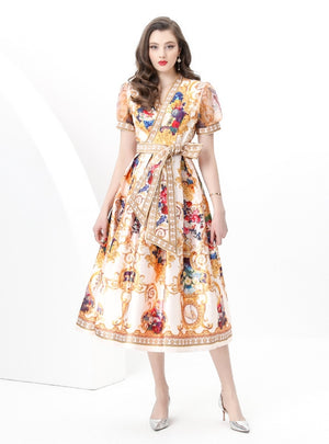 Long Printed Wrapped V-neck Dress