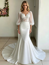 White Mermaid Puff Sleeve Lace Wedding Dress