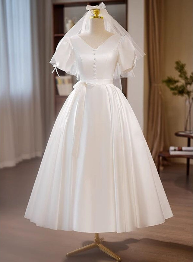 White Satin V-neck Button Wedding Dress