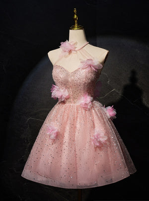 Pink Sequins Beading Halter Flower Homecoming Dress