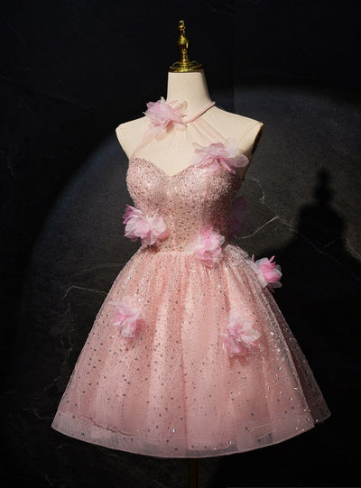 Pink Sequins Beading Halter Flower Homecoming Dress