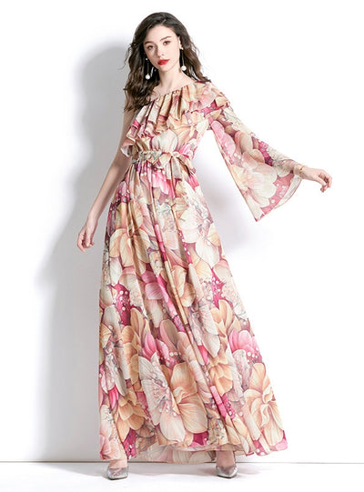 One-shoulder Ruffled Beach Print Dress