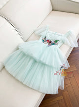 Green Tulle Square Neck Sequins Prom Dress