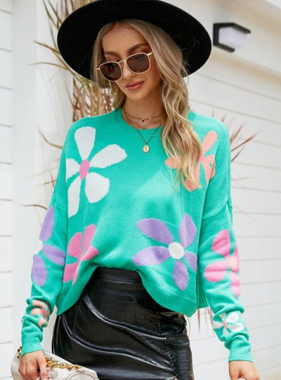 Long Sleeve Round Neck Flower Pullover Loose Sweater