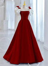 Burgundy Square Puff Sleeve Prom Dress