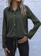 Lapel Drawstring Long Sleeve Solid Color Shirt