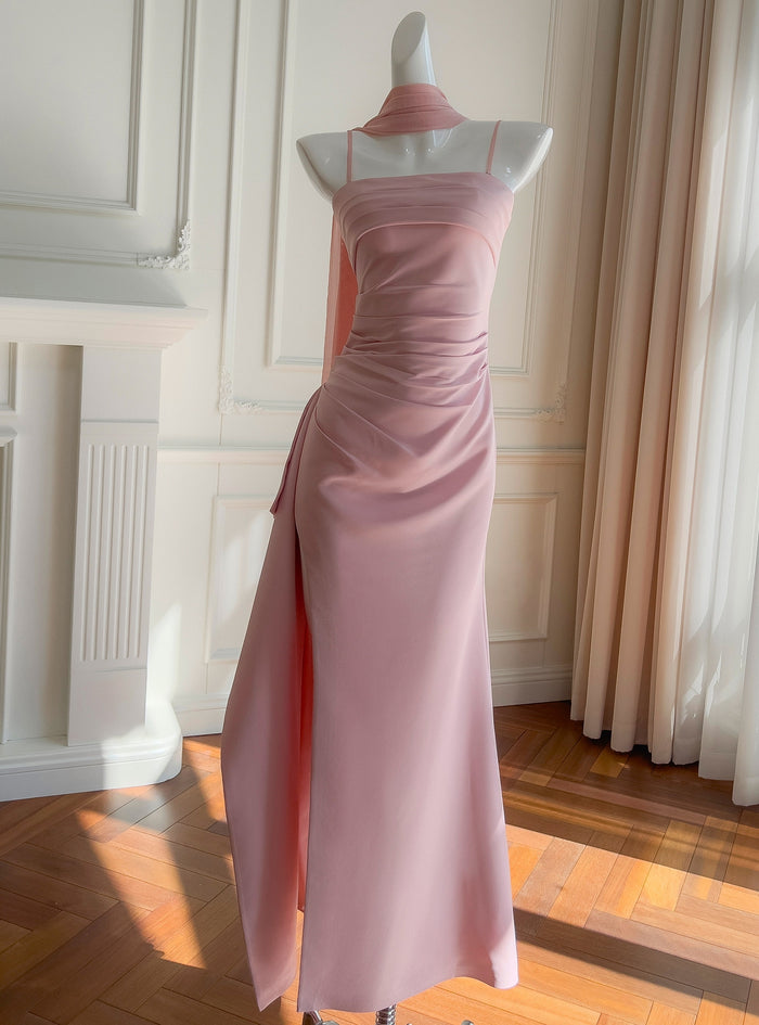 Pink Straps Pleats Prom Dress