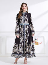 Retro Flared Sleeve Round Neck Printed Dress