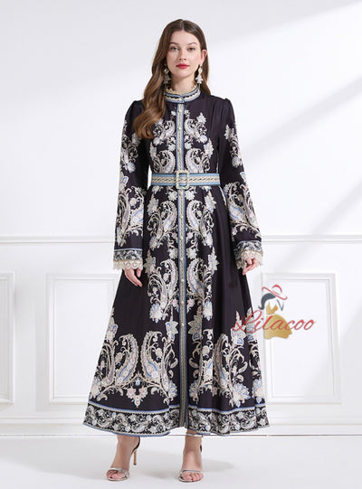 Retro Flared Sleeve Round Neck Printed Dress